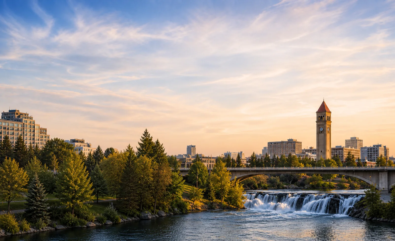 Spokane Riverfront Park, waterfalls, and the Clock Tower